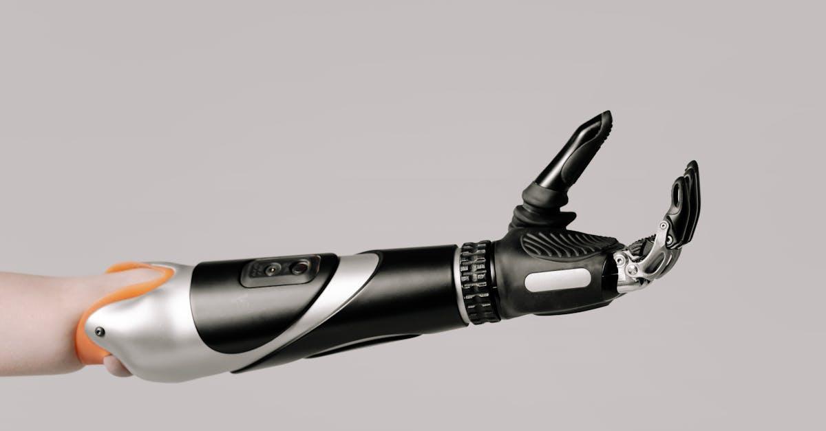 Close-up of a modern prosthetic arm displaying advanced technology and design.